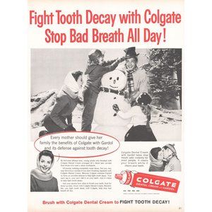 1960 Colgate Toothpaste Dental Cream Vintage Print Ad Family Snowman Winter Art